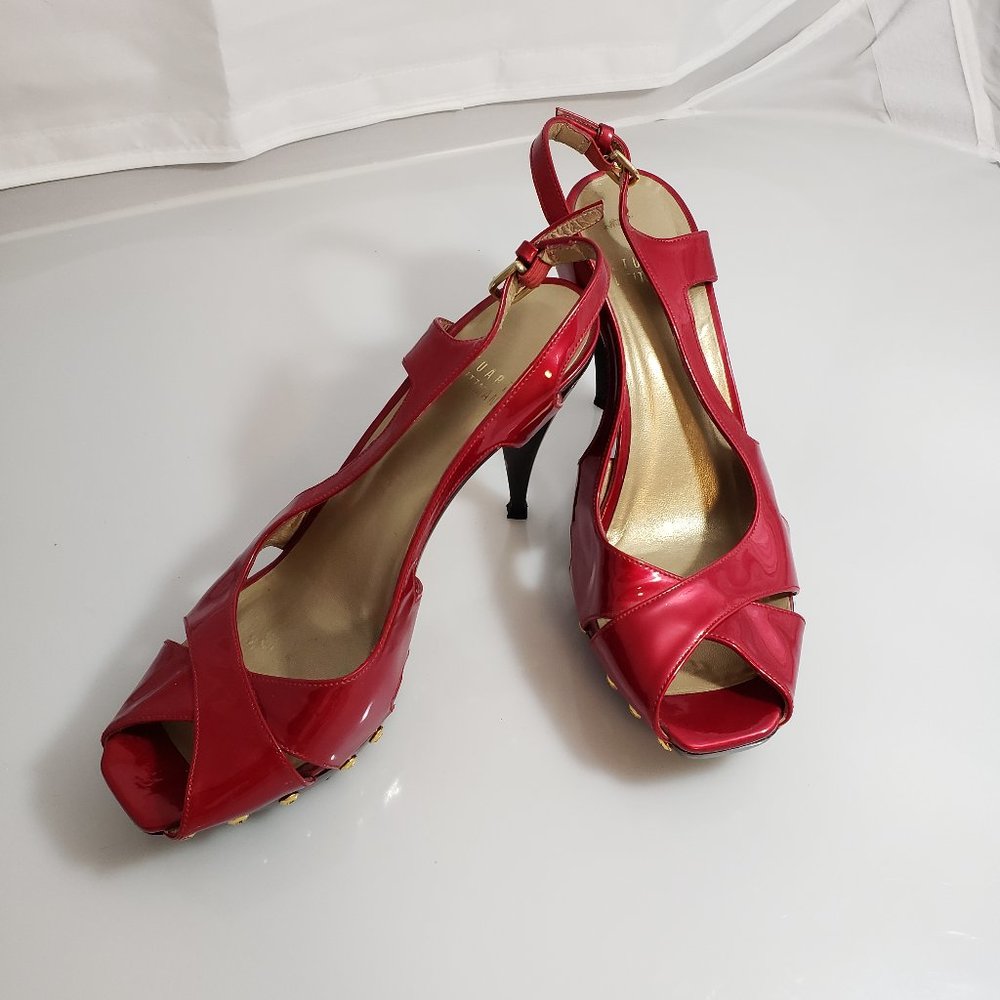 Stuart Weitzman Red Patent Leather Square HighHeel